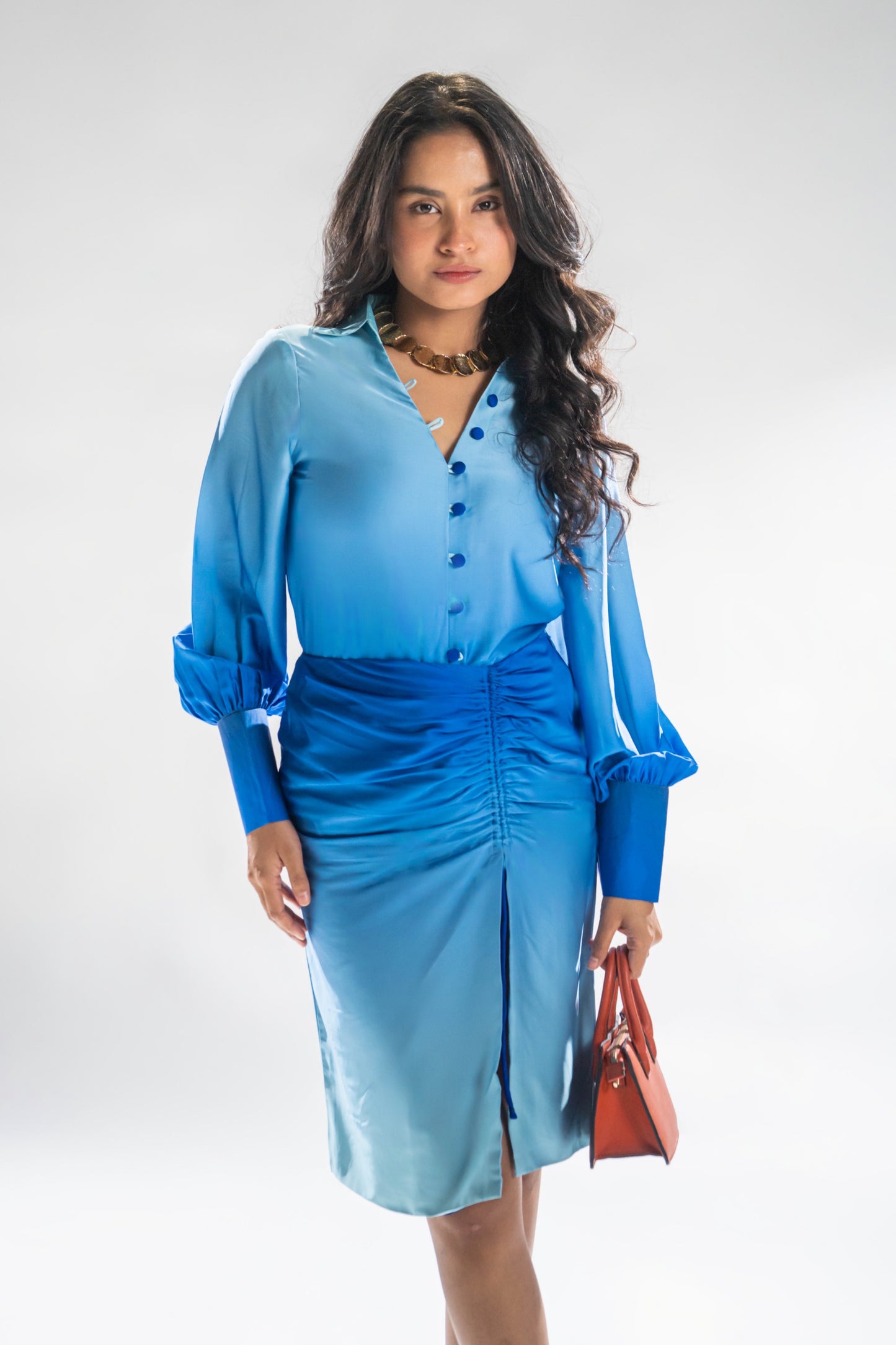 Ruched Ombre Blue Skirt & Shirt