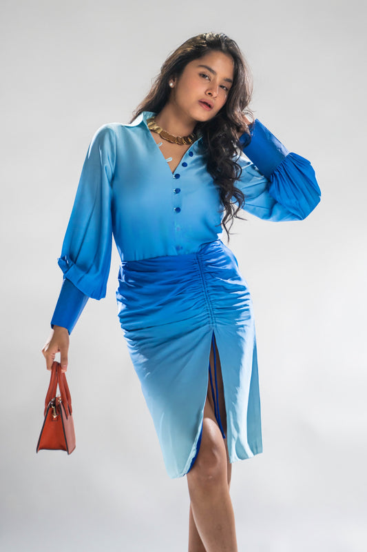 Ruched Ombre Blue Skirt & Shirt